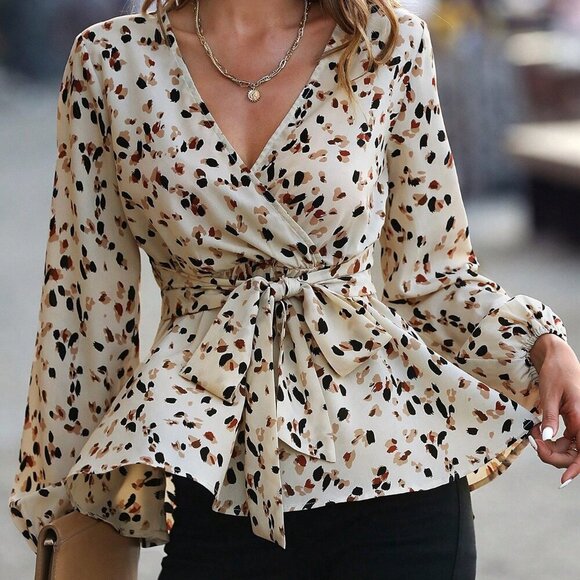 Apricot Casual Women's Allover Print Lantern Sleeve Belted Peplum Blouse - Picture 3 of 6